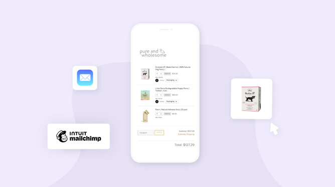 Picture of mobile phone with mail & mailchimp logo around it