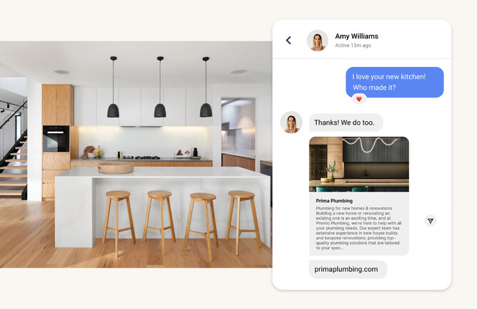 Picture of conversation between friends where someone asks where they got their kitchen done, and the person sends them a website link through Instagram