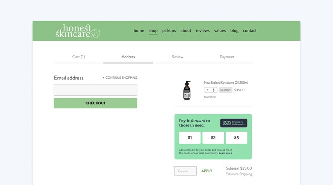 Graphic of the Honest Skincare checkout on their website, showing the GoGenerosity widget in action