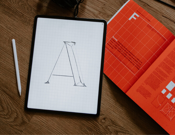 Picture of a 'A' drawn on an ipad, showing some type design that may go into a logo