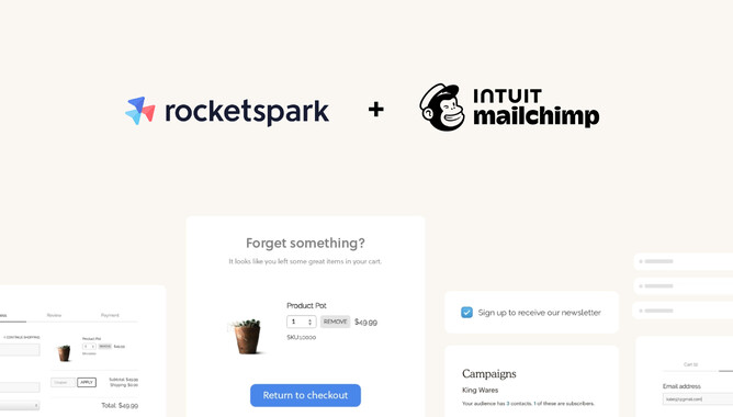 Graphic showing rocketspark logo & intuit mailchimp logo and screenshots of the shop page and mail integration 