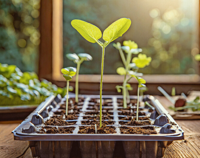 Photo that shows a seedling tray with one plant growing taller than the rest