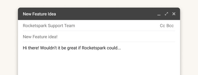 Graphic that shows an email submitting an idea to Rocketspark's support email