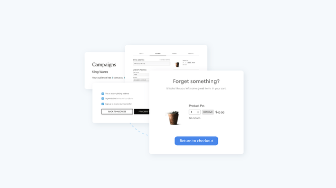 Graphic of different screenshots from the ecommerce & mailchimp features