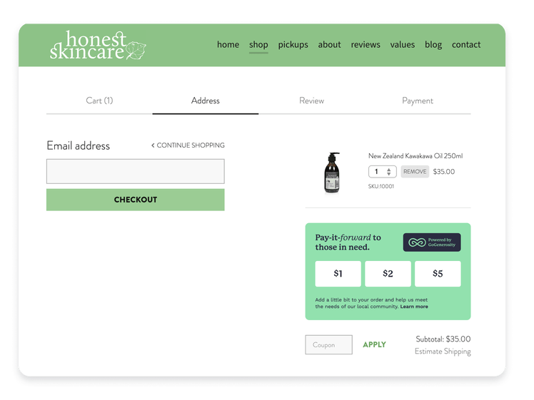 Honest Skincare checkout with the GoGenerosity Widget