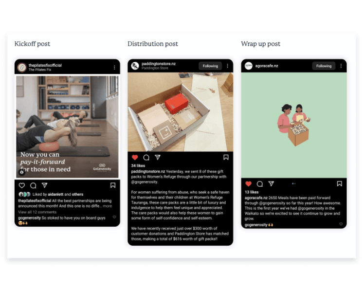 Screenshots of Instagram posts that showcase business being generous